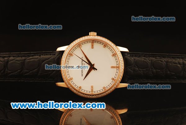 Vacheron Constantin Swiss ETA 2836 Automatic Rose Gold Case with White Dial and Black Leather Strap-Diamond Bezel - Click Image to Close